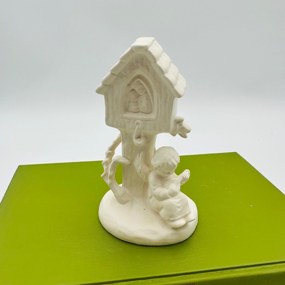 Goebl White Bisque Porcelain Angel Cherub with Mandolin & Birdhouse Figurine 5"